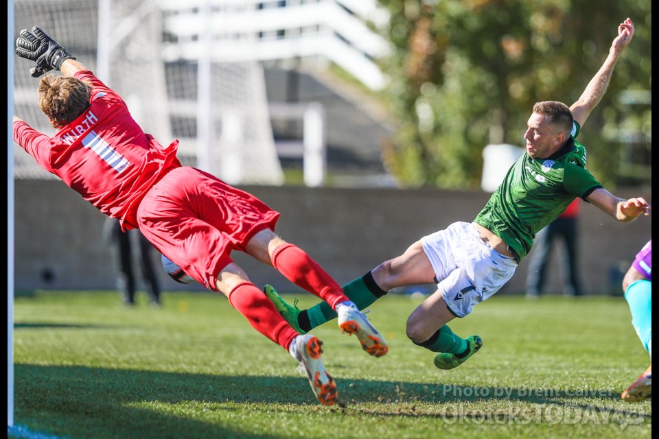Cavalry FC attacker Oliver Minatel (7) slides a shot past Pacific FC goalkeeper Nolan Wirth at Spruce Meadows on Sept. 22. (BRENT CALVER/Western Wheel)