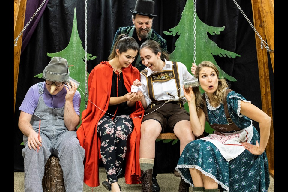 From left, Daniel Rose as Pinocchio, Safia Comtois-Mohamed as Red Riding Hood, Jay Newman as Rumpelstiltskin, Natalie Buckley as Hansel and Samantha Bell as Gretel rehearse for Goodger-Pink Family Theatre’s latest production The Fellowship of the Swing. (Brent Calver, Western Wheel)