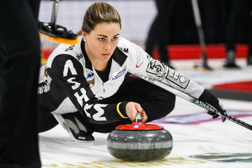 Team Vaughan second Nicole Larson throws the rock in the second end during the 2020 Sentinel Storage Alberta Scotties Tournament of Hearts at the Murray Arena in Okotoks on Jan. 22. (Evan Buhler/Western Wheel)