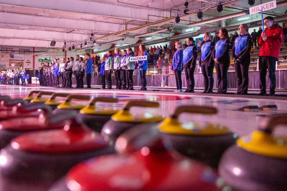 The teams are introduced during the opening ceremony of the 2020 Sentinel Storage Alberta Scotties Tournament of Hearts at the Murray Arena in Okotoks on Jan. 22. (Evan Buhler/Western Wheel)