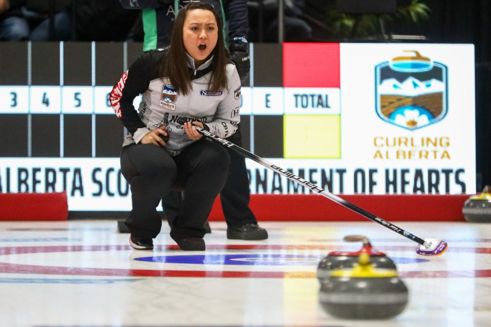 Skip Kayla Skrlik yells out to her teammates to sweep during third draw of the 2020 Sentinel Storage Alberta Scotties Tournament of Hearts at the Murray Arena in Okotoks on Jan. 23. (Evan Buhler/Western Wheel)