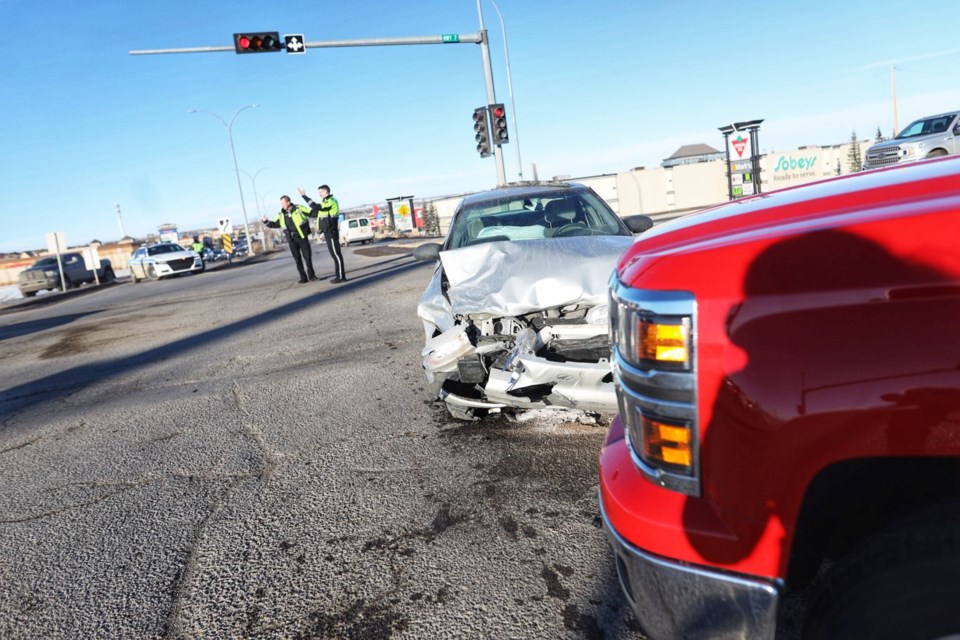 Emergency crews respond to a two-vehicle collision at the intersection of Highway 7 and Southridge Drive around 3 p.m. on Jan. 28. No one was seriously injured, but traffic was congested but moving for an hour after. (Brent Calver/Western Wheel)