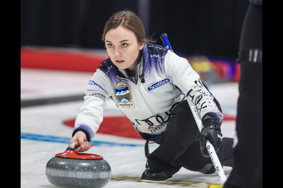 Team Rocque skip Kelsey Rocque throws during the semifinal of the 2020 Alberta Scotties at Murray Arena on Jan. 26. (Brent Calver/Western Wheel)