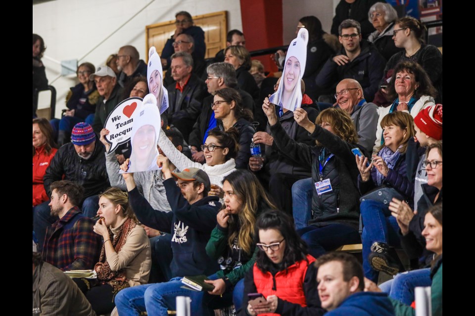 Team Rocques own cheer section holds up cardboard cutouts of team members during draw 6 of the 2020 Alberta Scotties at Murray Arena in Okotoks on Jan. 24. (Brent Calver/Western Wheel)