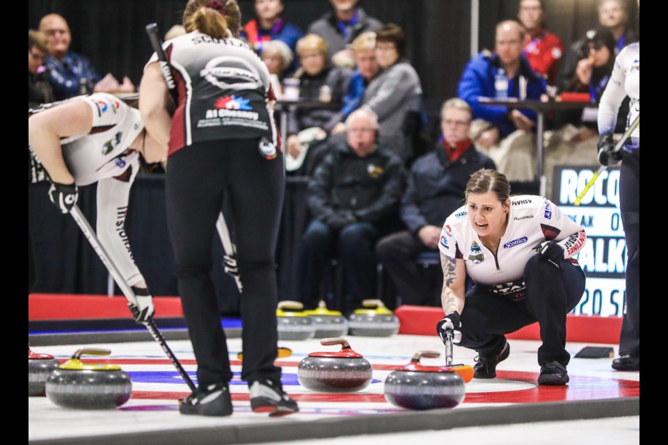Team Walker third Kate Cameron calls from the back of the house in draw 9 of the 2020 Alberta Scotties at Murray Arena on Jan. 25. (Brent Calver/Western Wheel)