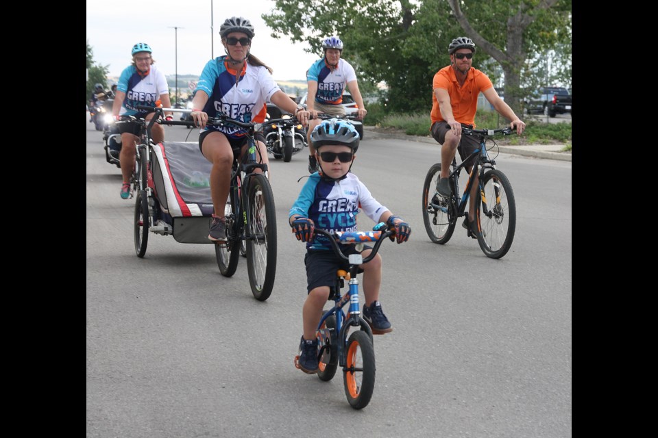 Kolten Davis, 3, leads cyclists and members of the motorcycle club Bikers for Buddies for a near 5km ride as part of the Great Canadian Cycle Challenge on Aug. 27. Kolten is raising money to fight kids' cancer. (Bruce Campbell, Western Wheel)