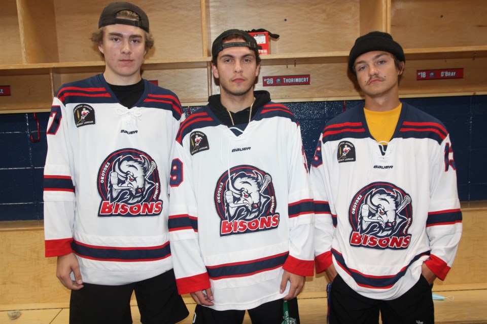 Bow Mark Oilers grads, from left Daniel Tainton, Kyle Newnham and Simon Smith-Burness are all-hoping to crack the line-up for their hometown Okotoks Bisons this season. (Bruce Campbell/ Western Wheel) 