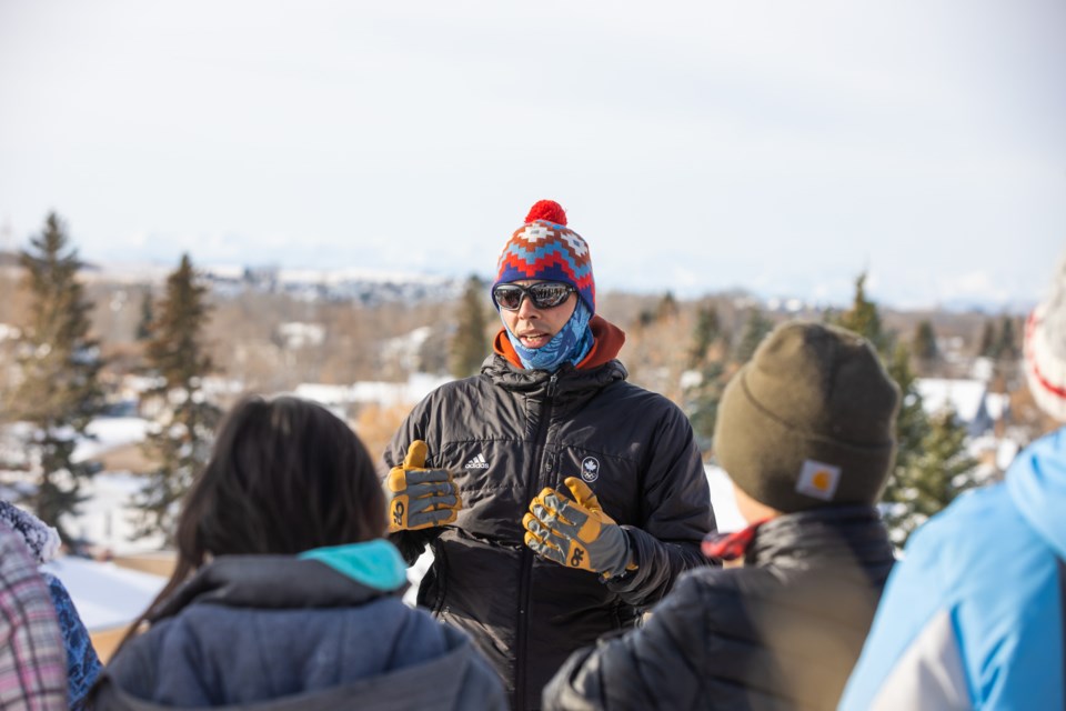 Percy Pegler teacher Ryan Lemphers guides a group of Grade 6 students in nature based learning near the school on Nov. 12. There is a proposal to expand the program to K to Grade 6 at Pegler in 2021-22. (Brent Calver/Western Wheel)