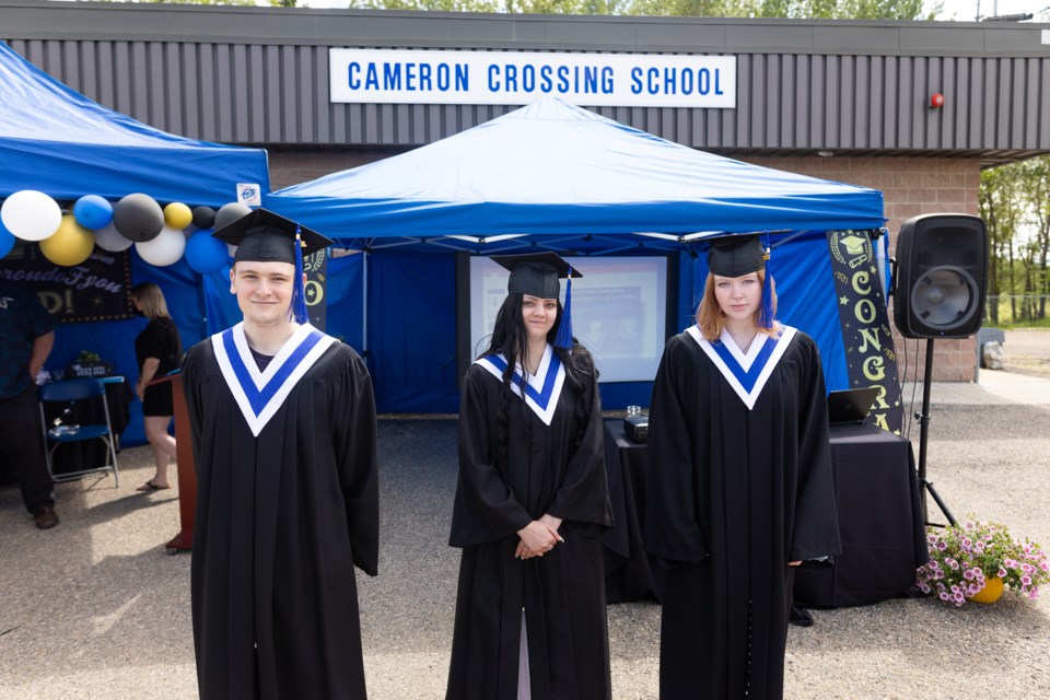Cameron Crossing graduands, from left: Josh Darbyshire, Destini Taylor, and Kitty Chappell at their graduation ceremony on June 11.  Missing is Brooklyn Kneiss.
