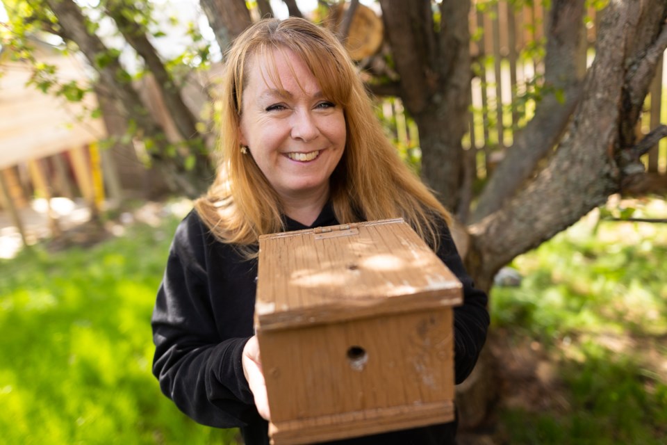 Pollinator and bee specialist Alexandria Farmer with a bee box in her Turner Valley backyard on June 12. June 21-27 is Pollinator Week in Canada, aimed at celebrating and raising awareness around native pollinators such as bumblebees.
