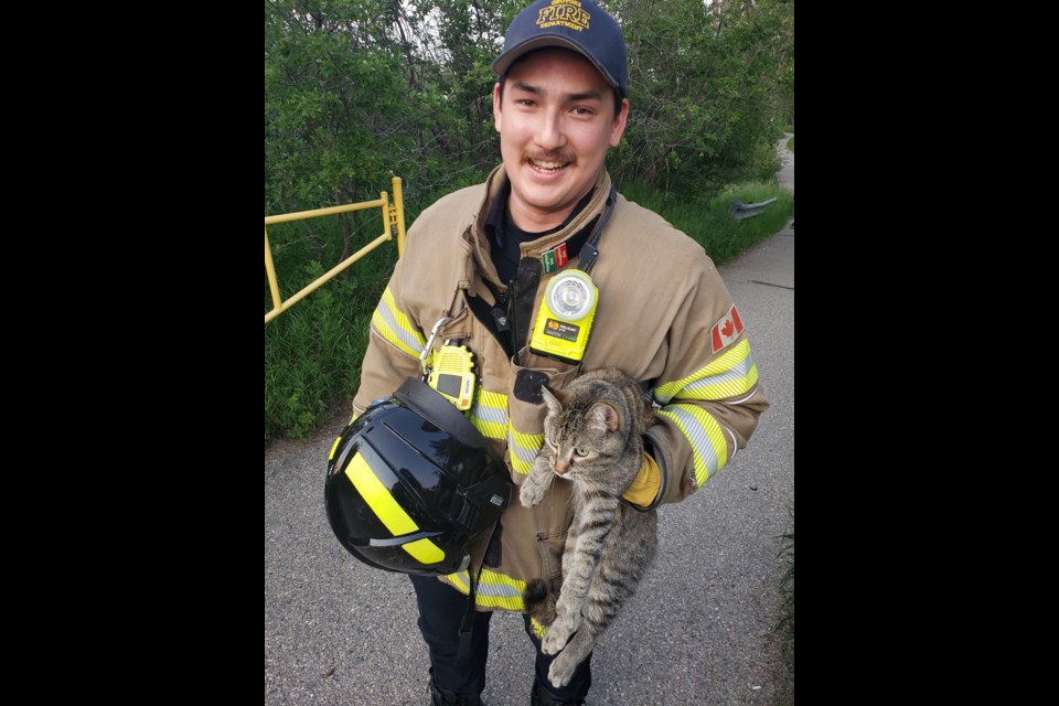 Okotoks firefighter Tim Houghton with Turnip, who he rescued with the use of other members of the department and the use of a 35-foot-ladder extension from a fire truck on July 13 near Hunters Crescent. 
(Photo submitted)