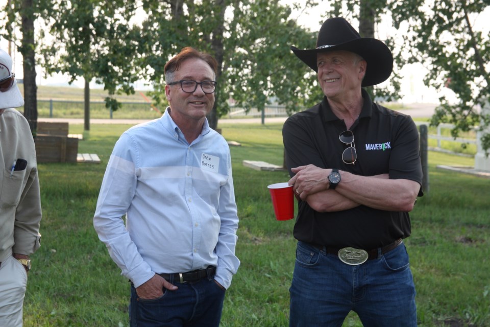 Cypress-Medicine Hat MLA Drew Barnes and Maverick party interim leader Jay Hill attend a rally for the Foothills riding at the Okotoks Agricultural Society grounds on July 15. (Bruce Campbell/Okotoks Today) 