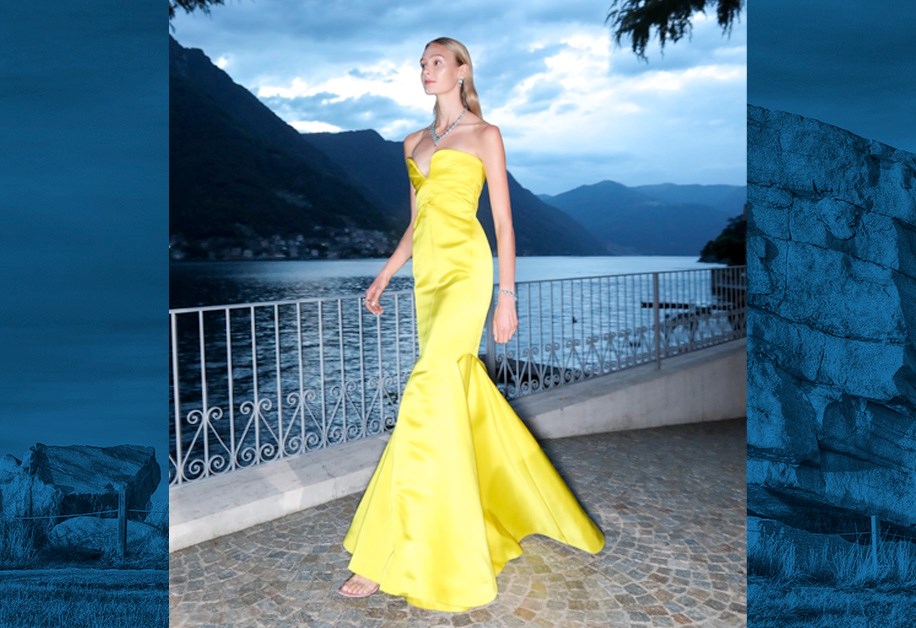 Reagan Bliss in the elegant lime-green dress she wore at an extravagant fashion show in Lake Como, Italy near Milan. 
(Photo courtesy of François Goize of Paris, France)