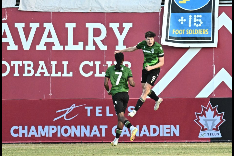 Tobias Warschewski of Cavalry FC celebtrates his goal, the game winner as Ali Musse joins him during the 1-0 win over Vancouver FC in Canadian Championship cup play on April 23 at ATCO Field.