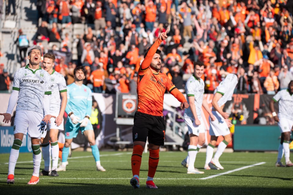 Forge FC attacker Tristan Borges celebrates his goal in the 2-1 victory over Cavalry FC in the CPL opening match on April 13 at Hamilton's Tim Hortons Field. (Jojo Yanjiao Qian/Canadian Premier League Photo)