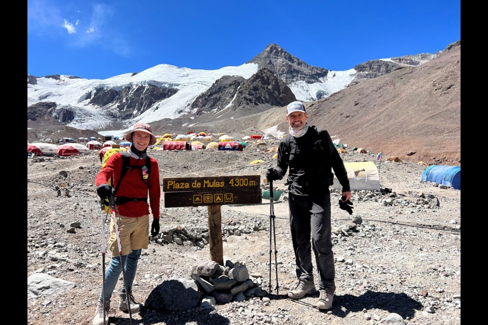 Okotokians Josh Heuver, left, and his father Todd Heuver at the basecamp of Mount Aconcagua in Argentina last month. (Photo submitted)