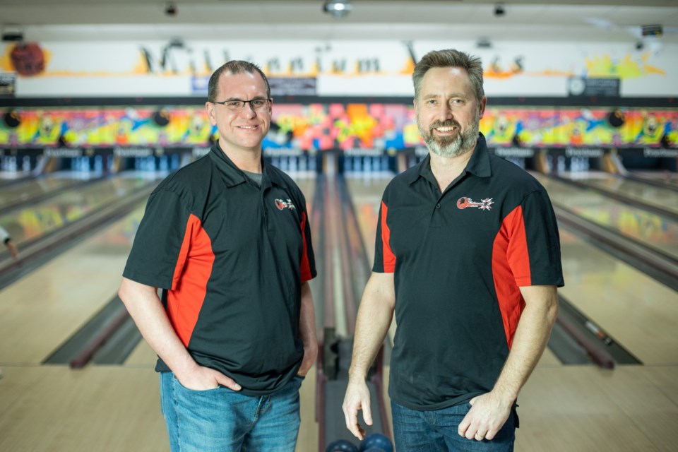 Kyle Honish (left) and Brett Vidican at the Millennium Lanes Bowling Alley. (Brent Calver/Western Wheel)
