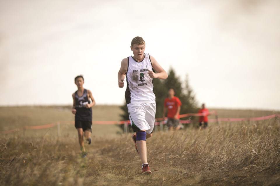 Holy Trinity Academy's David Aiello treks through Lloyd Park during a cross-country competition. (Brent Calver/Western Wheel File Photo)
