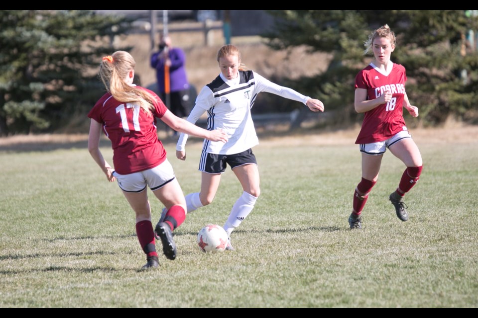 Holy Trinity Academy Knight Olivia Kranjcec had two goals in the 5-0 victory over the Cobras in the South Central Zone gold medal match, Oct. 19 in Cochrane.
(Remy Greer/Western Wheel)