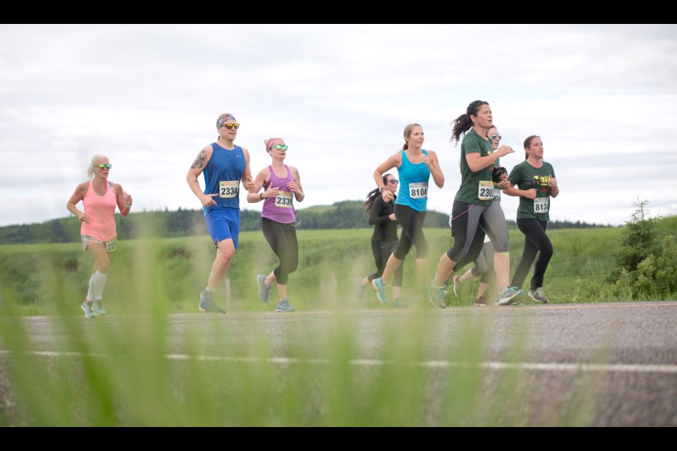 Participants in 2019's Millarville Run to the Farmers’ Market Half-Marathon head toward the finish line. This year’s event takes place June 18, coinciding with the season opening of the Millarville Farmers’ Market at the Millarville Racetrack.  (Remy Greer/Western Wheel File Photo)