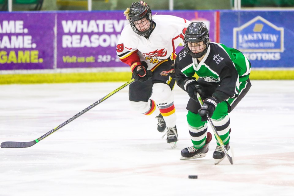 Abbey Borbandy scored the game winner as the Rocky Mountain Raiders edged the Calgary Fire at Pason Centennial Arena on Feb. 29. The game was a fundraiser for mental health with the team raising just shy of $1000 for the Canadian Mental Health Association. (Brent Calver/Western Wheel)