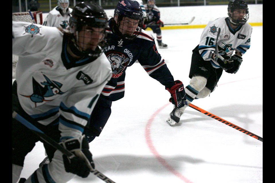 Carstar Okotoks Bisons forward Kaleb Brown gets in on the forecheck during the team’s comprehensive 6-1 win over Sylvan Lake in HJHL action.