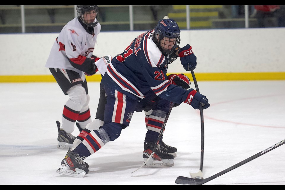 Carstar Okotoks Bisons forward Jake Snashall fires a shot versus the Airdrie Thunder this season. Snashall won three honours at the team’s 2024-25 awards banquet on April 11 at the D’Arcy Ranch Golf Club. 