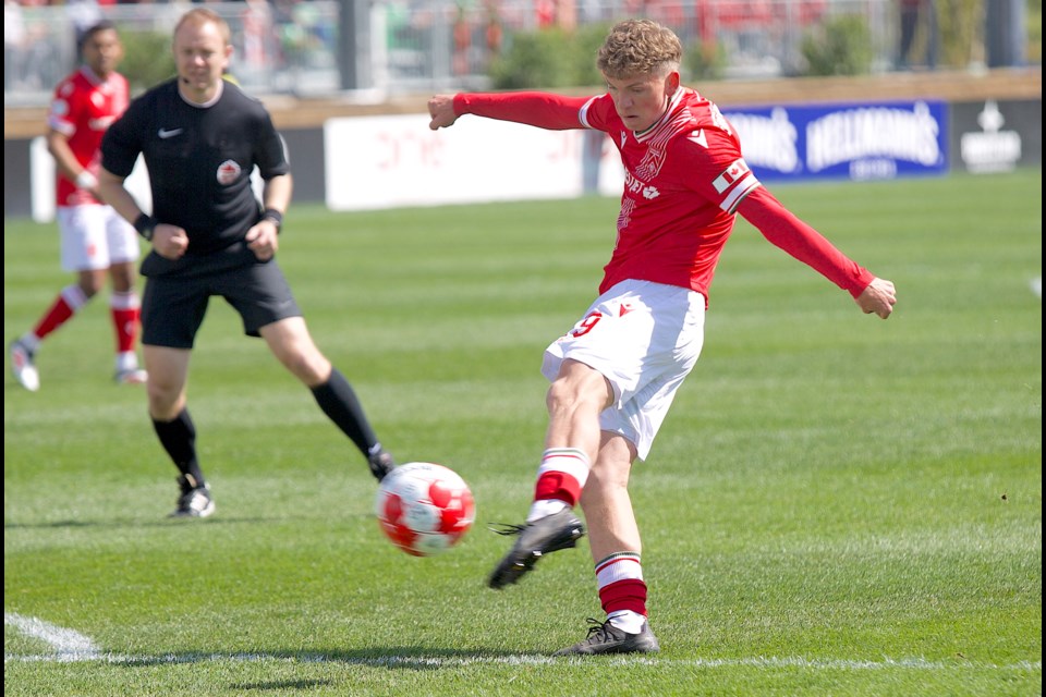 Cavalry FC’s Mihail Gherasimencov fires in an outside of the foot half volley into the back of the net for his first goal with the club to open the scoring in the 4-0 win over Pacific FC in Canadian Premier League action on May 17 at Spruce Meadows’ ATCO Field.