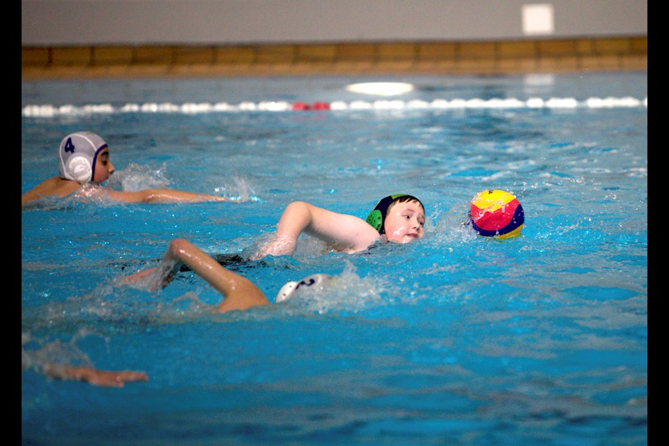 Noah Strom of the Prairie Dolphins starts an offensive rush  during water polo tournament action at the MNP Community and Sport Centre in Calgary on Jan. 20.