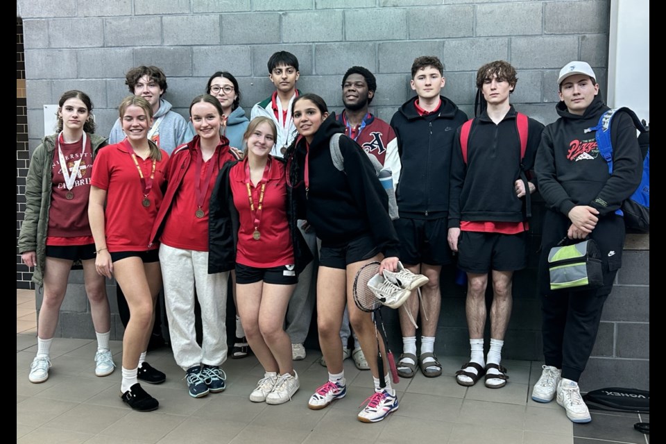 The Edison Eagles sent 18 athletes to the South Central zone badminton finals in Olds with each one bringing home a medal and 15 qualifying for provincials. Front row from left:
Kate DeRosa, Lauren Maheux, Saffi Malmqvist-Lund, Sophia Bychkova, Jannat Kaler. Back row: Max Knudston, Jasmine Toukabri, Aniket Korotane, Kamsi Onyebukwa, Efe Koksal, Ben Zwanepoel, Ata Koksal. Missing from the photo is provincial qualifier Aleina Mally.