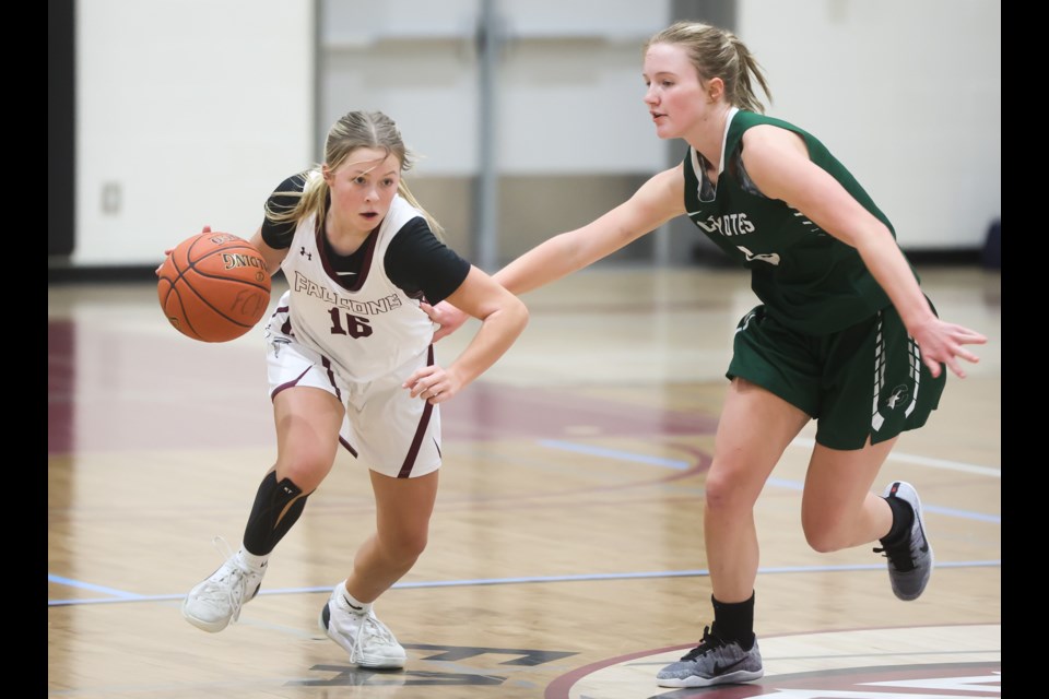 Foothills Falcons guard Dior Sellars runs the floor versus the Centennial Coyotes in exhibition action last season. The Falcons will host the Sheep River Shootout tournament on Jan. 27-28 at Foothills Composite. (Brent Calver/OkotoksTODAY)