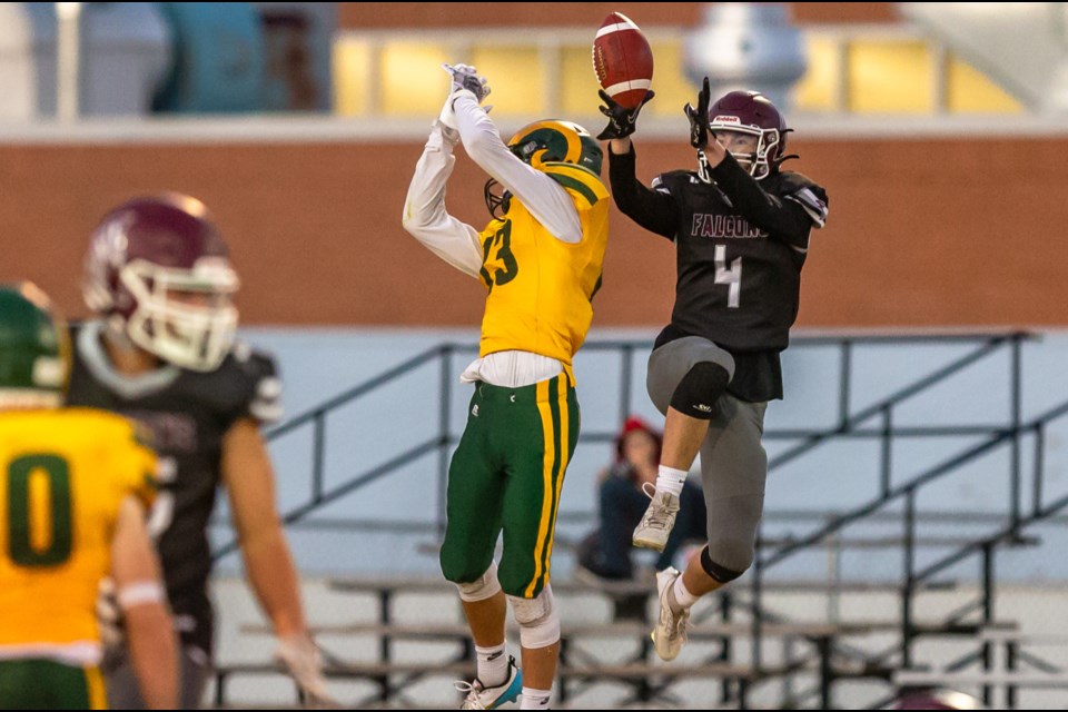 Foothills Falcons defensive back Rylan Neish gets some hangtime for an interception during the regular season meeting with the L.C.I. Rams on Oct. 7. Foothills and L.C.I. will meet again in the Tier I (Larry Wilson regional) South Final on Nov. 18 in Calgary. (Brent Calver/Western Wheel)