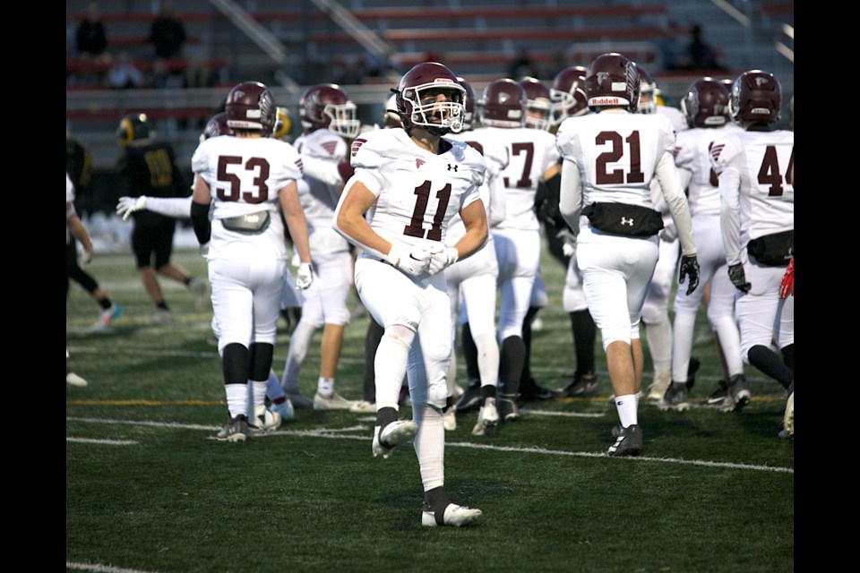 Foothills Falcons receiver Lucas Gough celebrates the team's 42-24 win in the Football Alberta Tier I (Larry Wilson) South Final over the L.C.I. Rams on Nov. 18 at Shouldice Park.