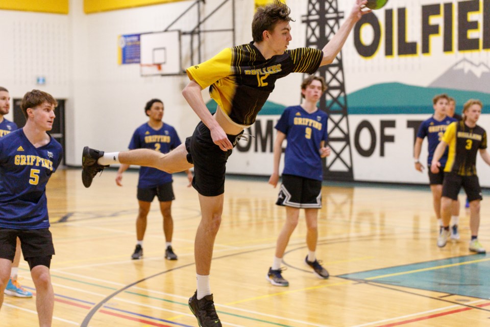 Jason David of the Oilfields Drillers darts to the net during exhibition team handball action against Calgary's Ernest Manning Griffins on May 3 at Oilfields. The Drillers are hosting the ASAA Tier II Team Handball Provincial Championships May 9-11. 