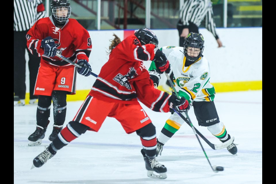 Okotoks U15 A Oiler Jarynne Adams competes for the puck versus GHC earlier this season. Okotoks is hosting the Hockey Alberta U15 Female A Provincial Championships from March 23-26 at the Scott Seaman Sports Rink. (Brent Calver/Western Wheel File Photo)