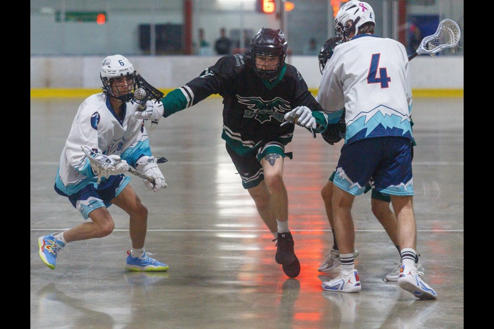 Okotoks Marauder Max Pocherewny splits the defence during a four goal performance in the 21-5 win over the Southern Alberta Rockies in the RMLL Junior B Tier I opener on April 27 at the Murray Arena.