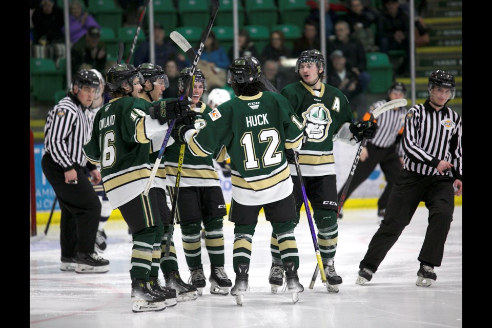 Okotoks Oiler Sam Huck celebrates his second goal of the game and 30th goal of the season in the team’s 6-0 win over the Spruce Grove Saints in Okotoks’ home debut in the BCHL on Feb. 9 at Okotoks Centennial Arenas.