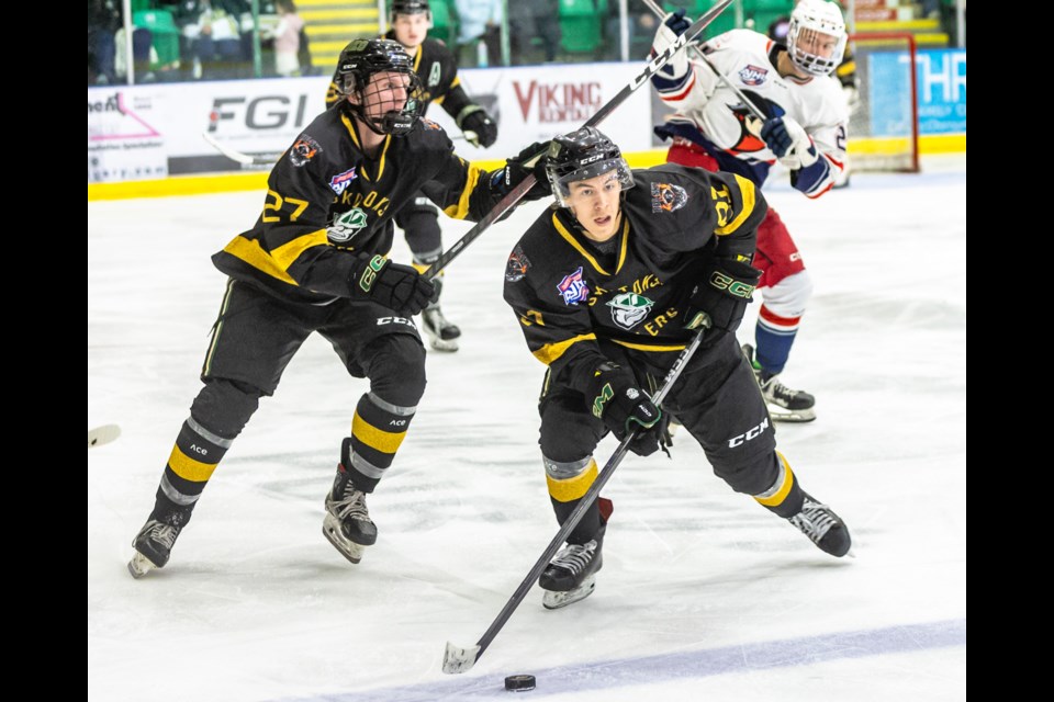 Okotoks Oilers forward Jack Silverberg hits the blue line in the game against the Brooks Bandits at Okotoks Centennial Arenas on Oct. 14. (Brent Calver/Western Wheel File Photo)