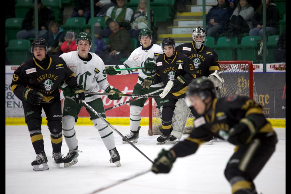 The Okotoks Oilers defend during the second period. 