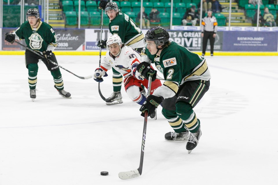 Okotoks Oilers blueliner Sam Hall starts a rush during the 6-3 loss to the Brooks Bandits in BCHL action on March 31 at the Okotoks Centennial Arenas. 