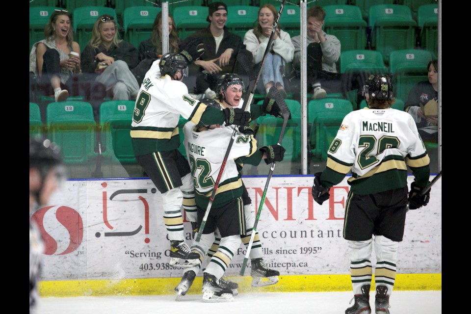 Okotoks Oilers forward Connor Gourley celebrates his second period goal during the Game 3 5-4 victory over the Spruce Grove Saints in the BCHL Wildcard Series.