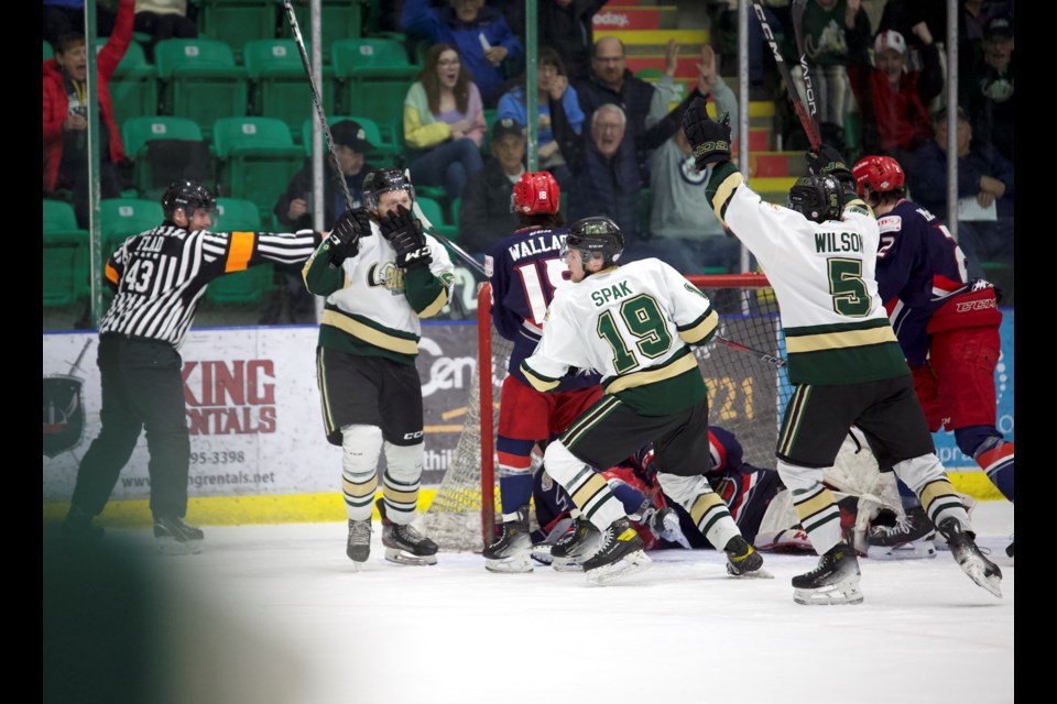 Okotoks Oilers captain Dean Spak celebrates his opening goal late in the second period during Game 6 of the BCHL Alberta Division semifinal on April 28 at Centennial Arenas.