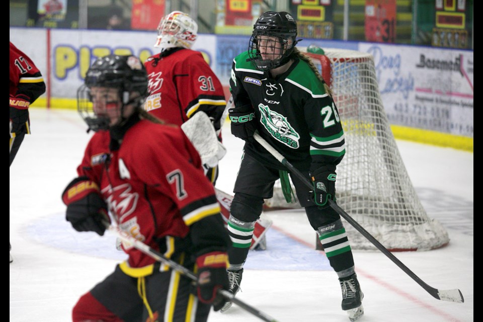 Paige Meyer of the Rocky Mountain Raiders sets up in front of goal during a powerplay in the 3-1 win over the Calgary Fire White in the Hockey Alberta U18 Female AA Provincial Championships on March 29 at the Okotoks Centennial Arenas.