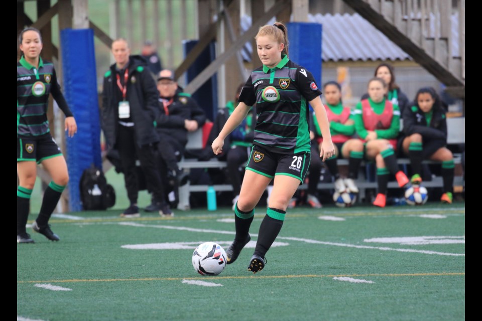 Okotoks' Holland Stiel, seen here in action with Calgary Foothills, is off to Trinity Western University to join the Spartans' sterling women's soccer program in fall 2021. (Photo submitted)