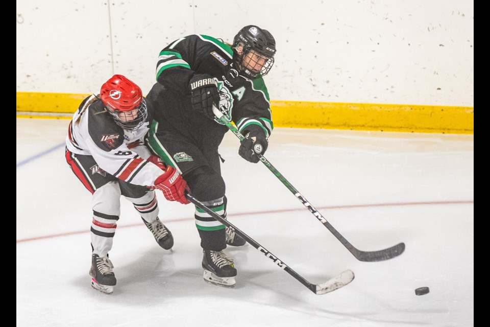 Rocky Mountain U18 AA Raider Abby Graham, one of seven graduating players on the team, takes a shot earlier this season. The Raiders host the Hockey Alberta U18 Female AA Provincial Championships, March 28-31 at the Okotoks Centennial Arenas. (Brent Calver/Western Wheel File Photo)