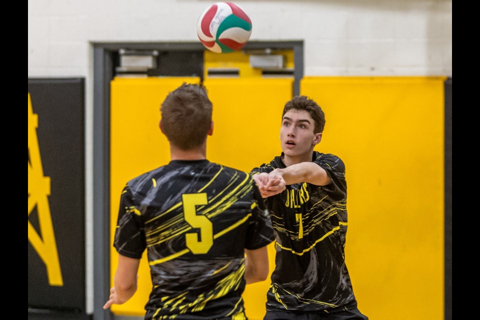 Troy Brunet of the Oilfields Drillers volleys a shot versus the Holy Trinity Academy Knights earlier this season. The Drillers won the South Central Zone tournament in Canmore and go into the ASAA 2A Boys Provincial Volleyball Championships at High River’s Notre Dame Collegiate as the No. 2 seed. 