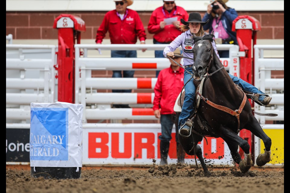 Longview barrel racer Kylie Whiteside rides in the Calgary Stampede Rodeo on July 5. Whiteside finished with a score of 18.450 in her Stampede debut. (BRENT CALVER/Western Wheel)