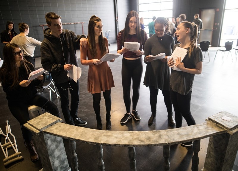 Drama students rehearse in the new theatre at Foothills Composite in March of 2017. The continued work and near completion of the $25-million modernization at the school was
