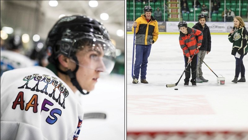 Left: Okotoks Oilers captain Carter Huber sports the AAFS jerseys as part of Autism Awareness Weekend on Feb. 3. Right: Alex Hbarns, left, Brock Pridmore, and Christian