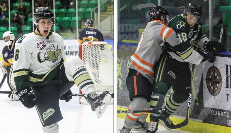 Okotoks Oiler Ben Sanderson, left, and Carter Huber, far right, both secured NCAA Division I hockey commitments last week with the Colorado College Tigers and North Dakota